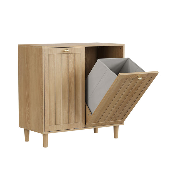 Sloping Laundry Basket With Removable Inner Bin, Concealed Storage Cabinet For Bathroom - Oak