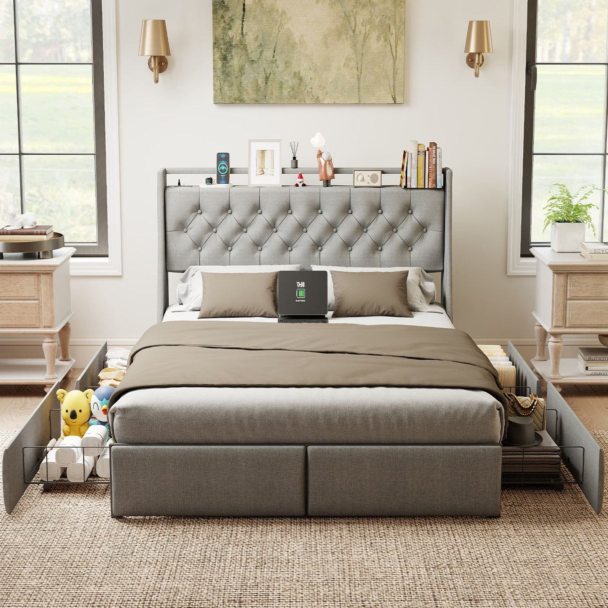 Queen Platform Bed Frame With RGB LED & Charging Station, Storage Headboard
