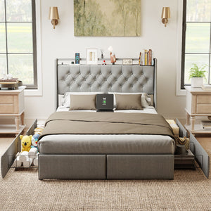 Queen Platform Bed Frame With RGB LED & Charging Station, Storage Headboard