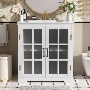 Modern Bathroom Vanity With Ceramic Sink, Tempered Blurred Glass Doors