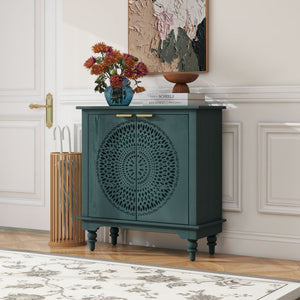 Hollow Carved 2 Door Accent Cabinet With Adjustable Shelf, Sideboard Buffet For Entryway, Living Room Or Bedroom - Blackish Green
