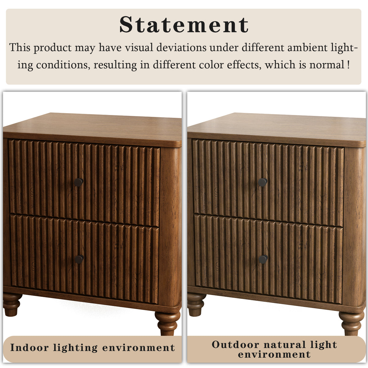 Fluted Nightstand, 21.65-Inch Wide with 3 Drawers, Mid Century Modern, Walnut