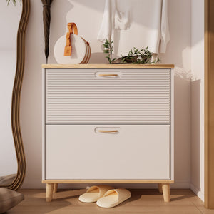 Narrow Entryway Shoe Storage Cabinet With 2 Flip Drawers Legs - Natural / White