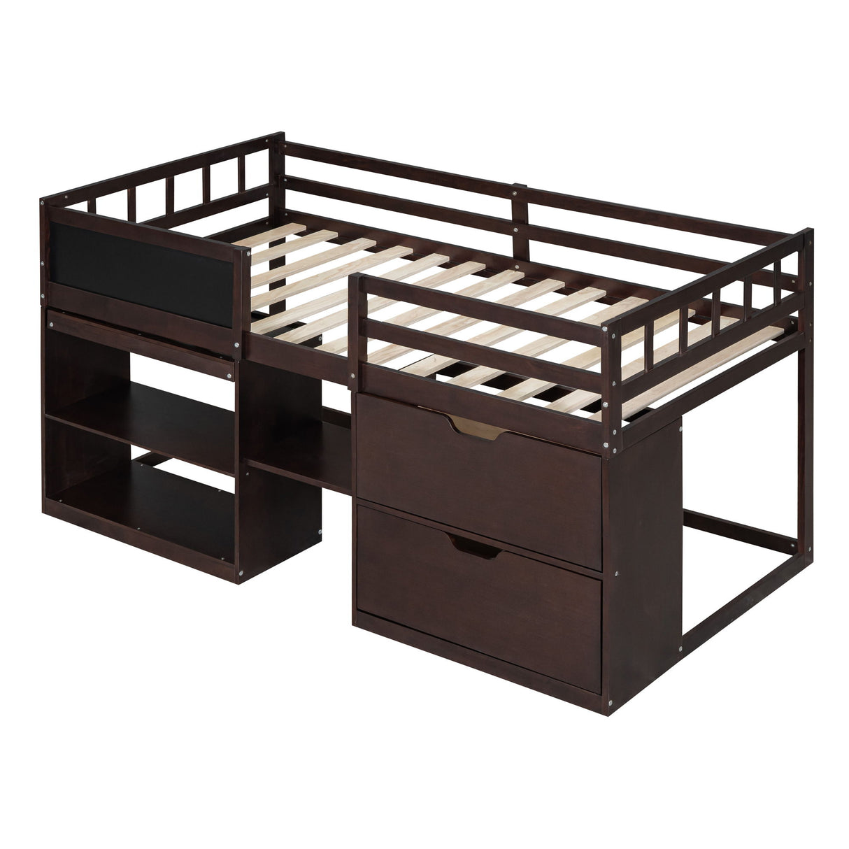 Low Loft Bed With Rolling Desk, Shelf And Drawers