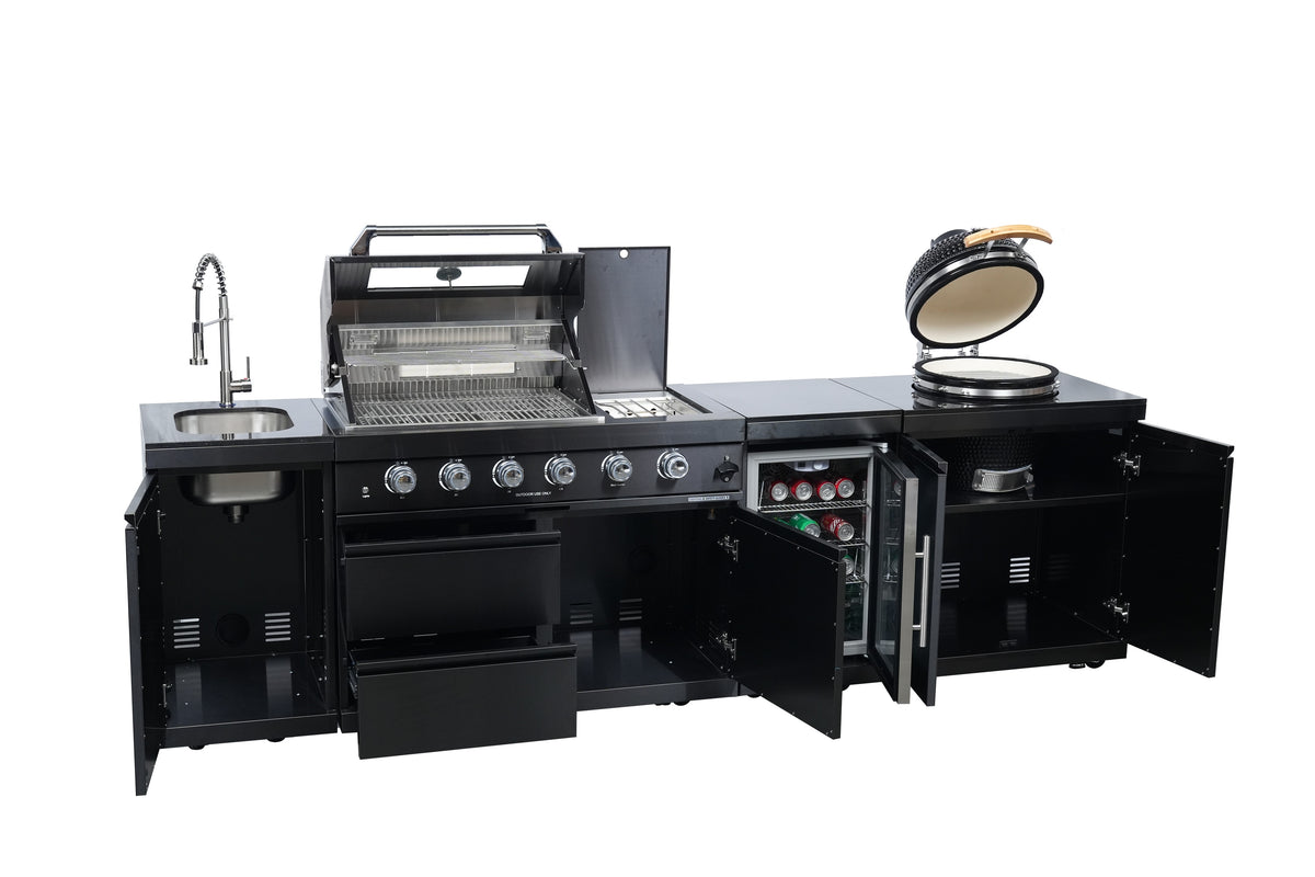 Black 118-Inch Outdoor Kitchen BBQ Island with Kamado and Stainless Steel Construction