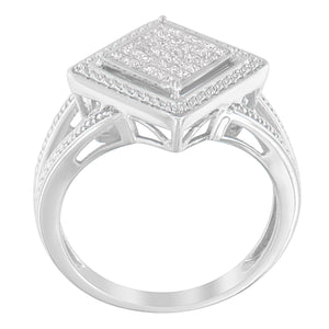 .925 Sterling Silver 1/3 Cttw Invisible Set Princess-Cut Diamond Rhombus and Beaded Halo Ring (H-I Color, SI1-SI2 Clarity) - Ring Size 7