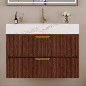 30" Modern Floating Bathroom Vanity with Seamless Sintered Stone Top & Ceramic Basin – 2 Soft-Close Drawers, Wall-Mounted