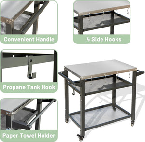 3-Shelf Outdoor Grill Table with Wheels