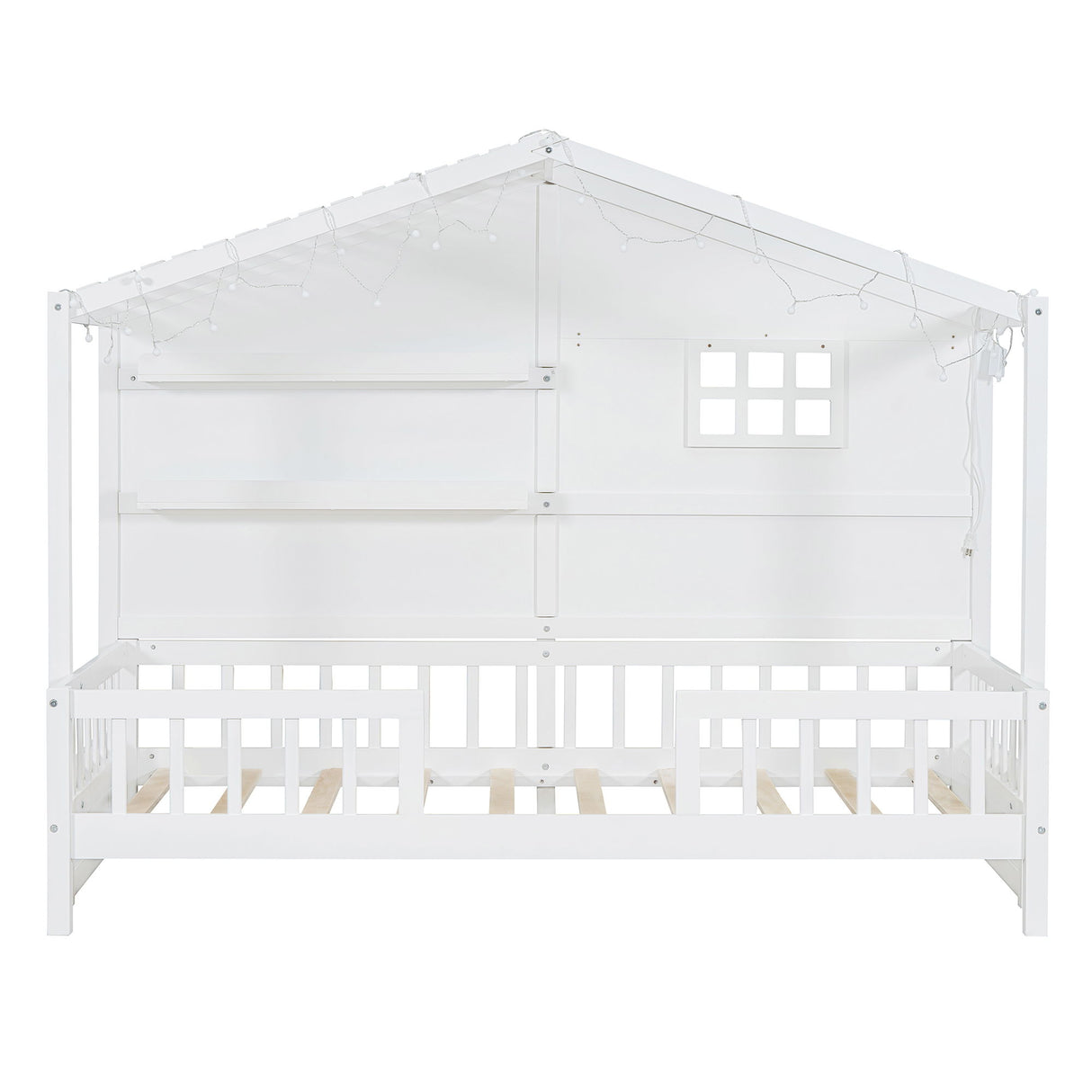 House Bed With Shelves, Window And Sparkling Light Strip On The Roof