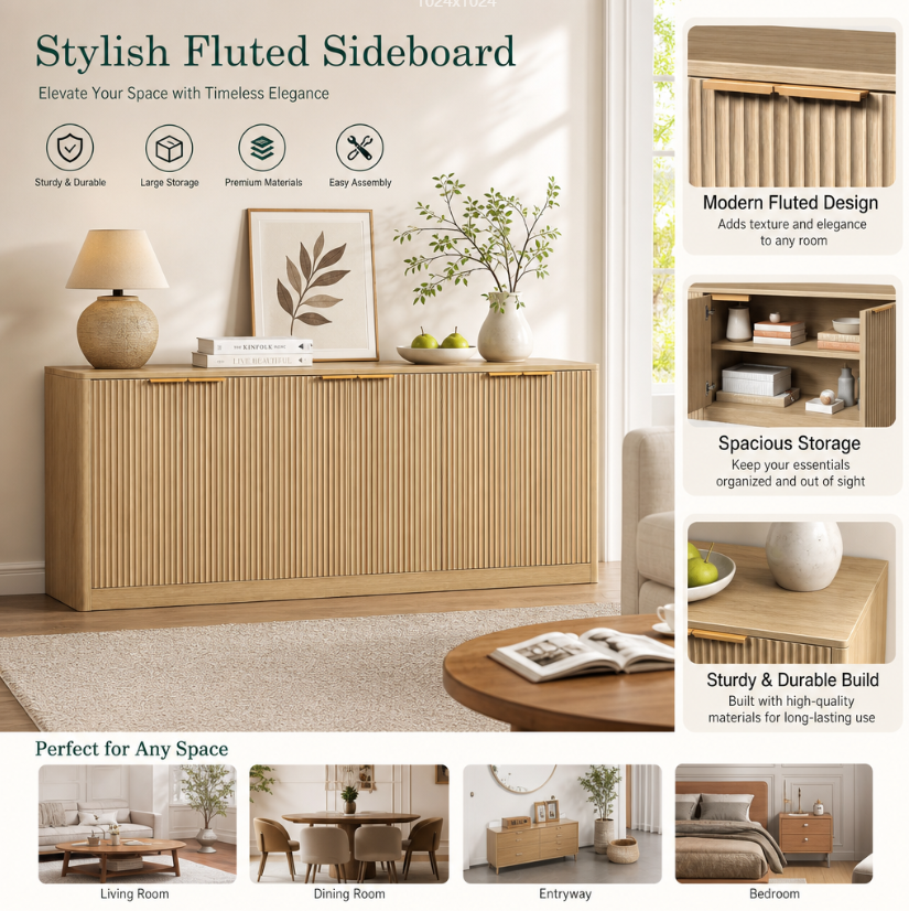 Natural Wood Sideboard Cabinet Farmhouse Buffet Cabinet