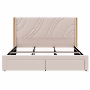 Modern Upholstered LED Bed Frame With Storage Drawers, Wingback Headboard, RGB Light