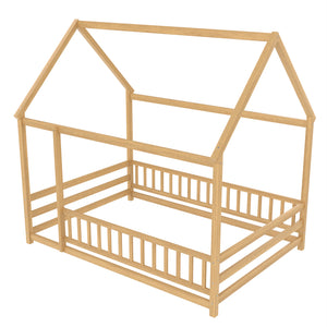 Full Size Floor Wooden Bed with House Roof Frame