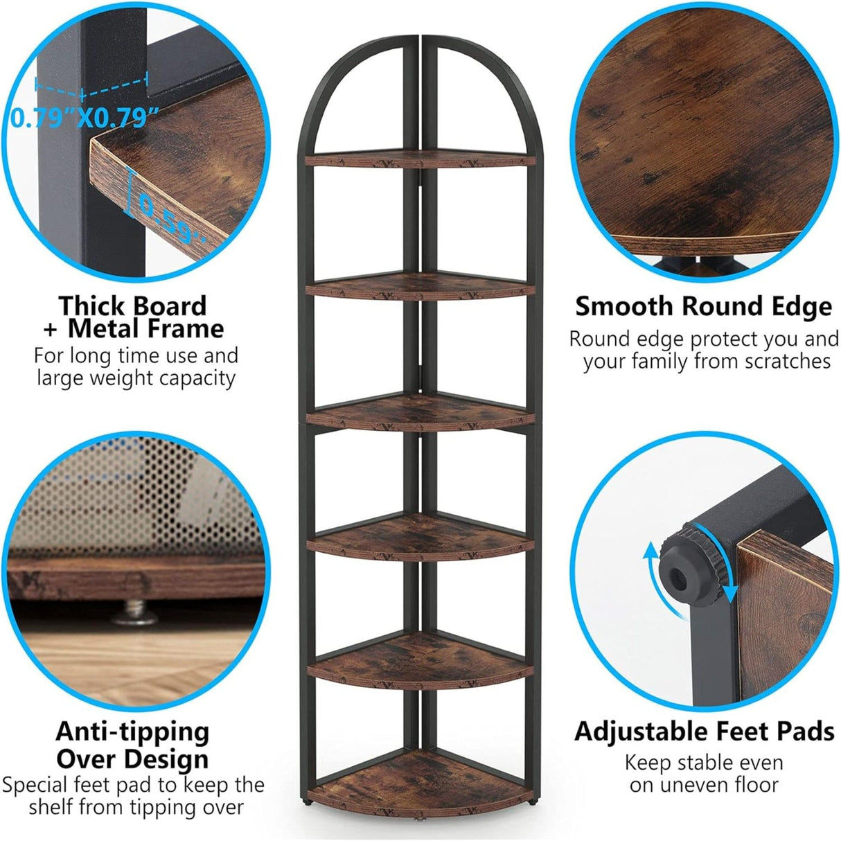 Tall 6 Tier Corner Shelf, Freestanding Bookshelf For Living Room - Rustic Brown