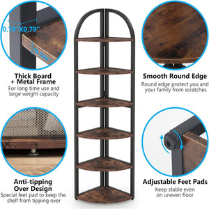 Tall 6 Tier Corner Shelf, Freestanding Bookshelf For Living Room - Rustic Brown
