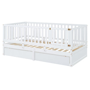 Daybed With Fence Guardrails And 2 Drawers, Split Into Independent Floor Bed & Daybed