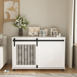 Dog Crate With Sliding Barn Door And Side Access, Lockable Wheels For Small To Medium Dogs - White