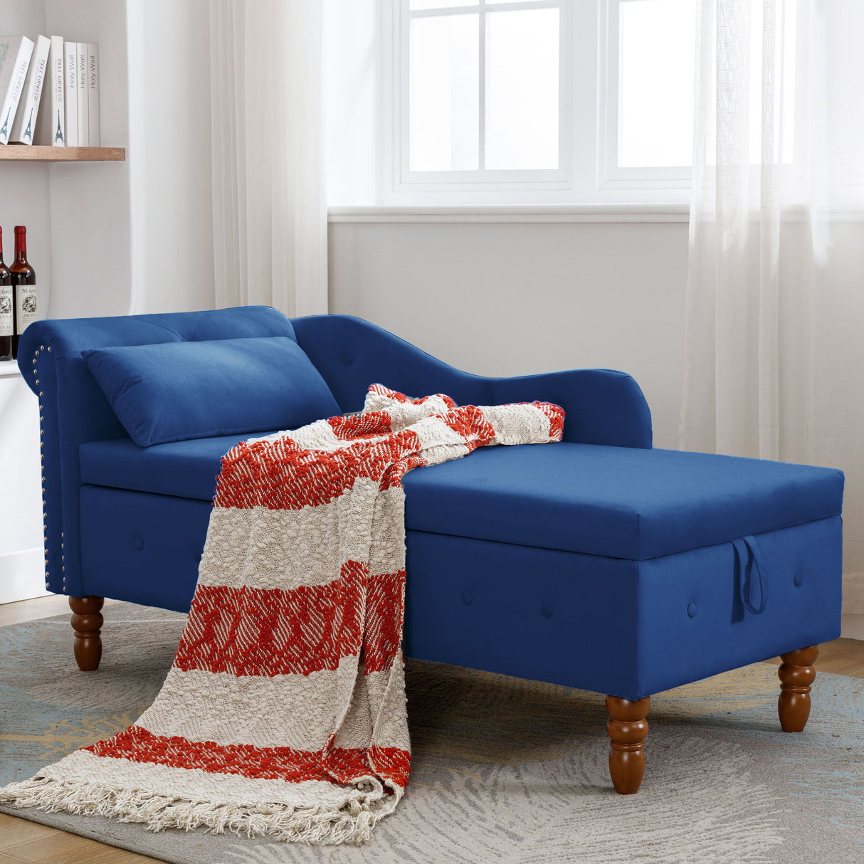 Chaise Lounge Indoor, Lounge Chair For Bedroom With Storage & Pillow, Modern Upholstered Rolled Arm Chase Lounge For Sleeping With Nailhead Trim For Living Room Bedroom Office