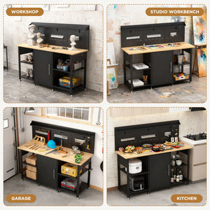 Workbench With Storage Cabinet And Pegboard - Black