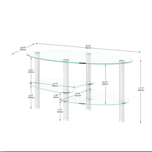 Transparent Oval Glass Coffee Table, Modern Table In Living Room Oak Wood Leg Tea Table 3-Layer Glass Table