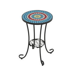 Patio Side Table with Shelf, Blue and Black