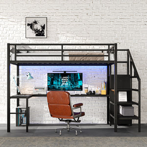 Full Size Loft Bed with L-Shaped Desk and USB