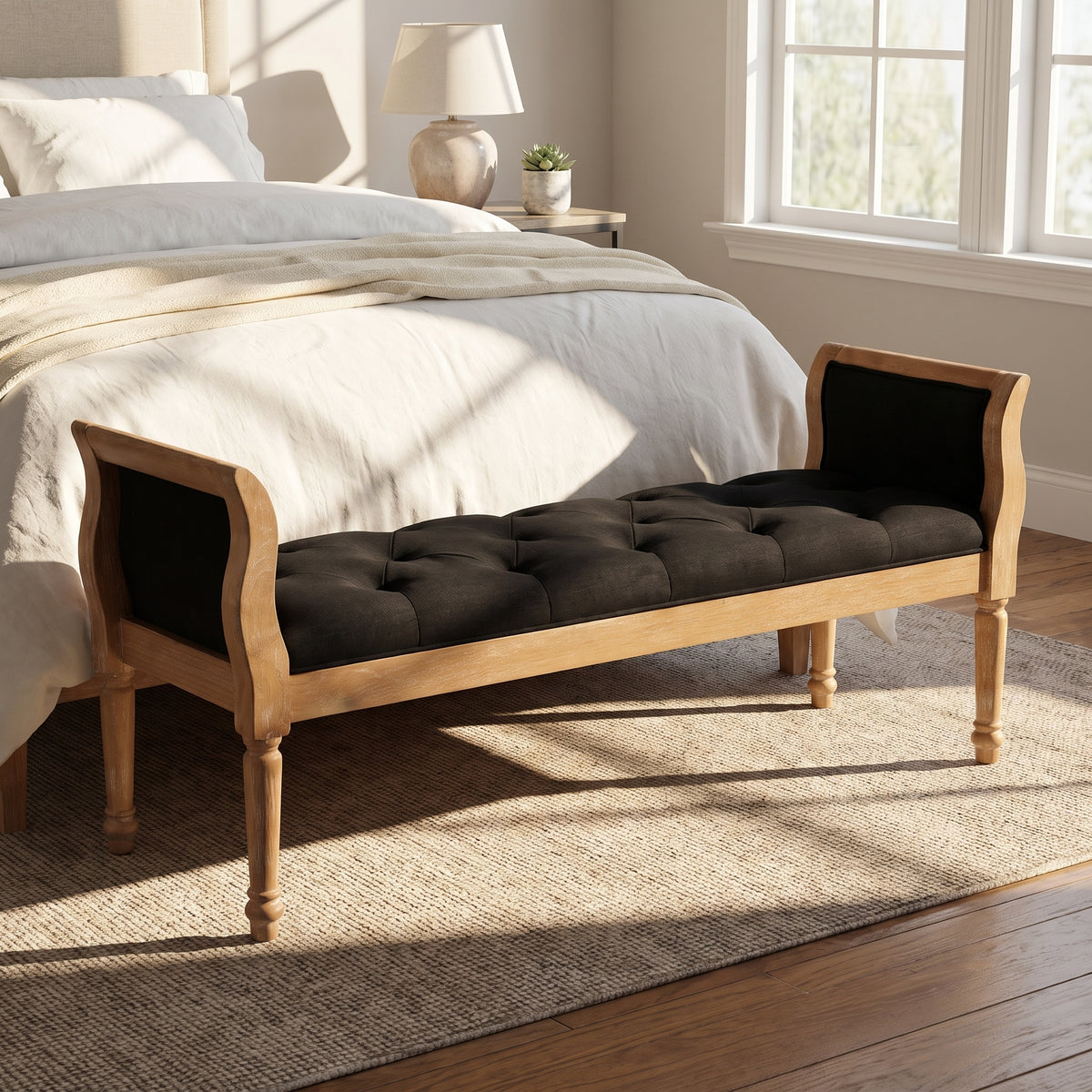 Modern Upholstered Bench with Curved Arms