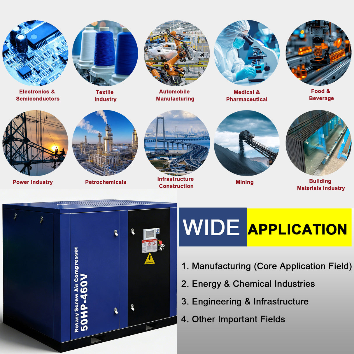50HP Rotary Screw Air Compressor, 219CFM, 125PSI, 460V 3-Phase