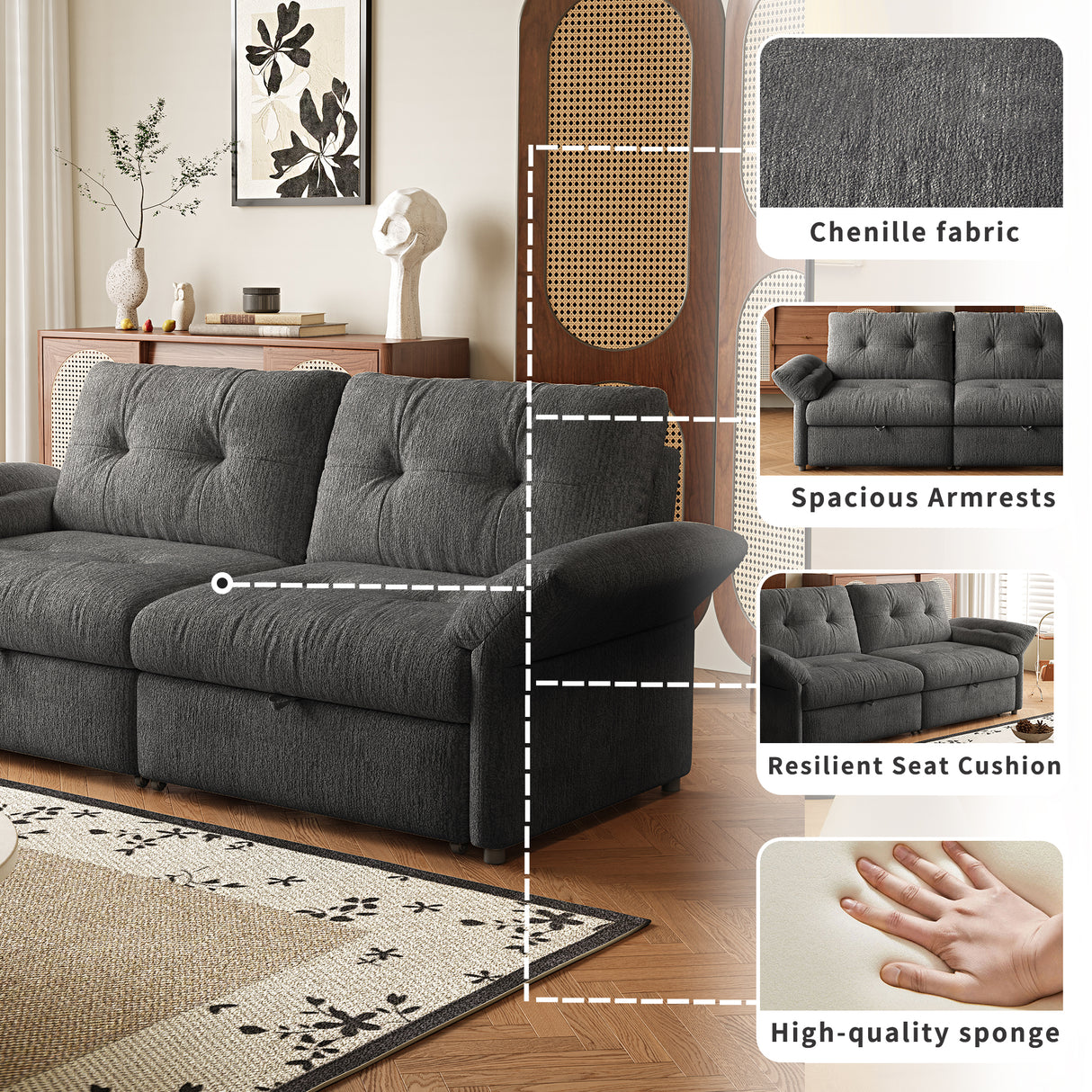 Multi-Functional Sofa Bed - 81.5 Inch Plush Chenille Sofa