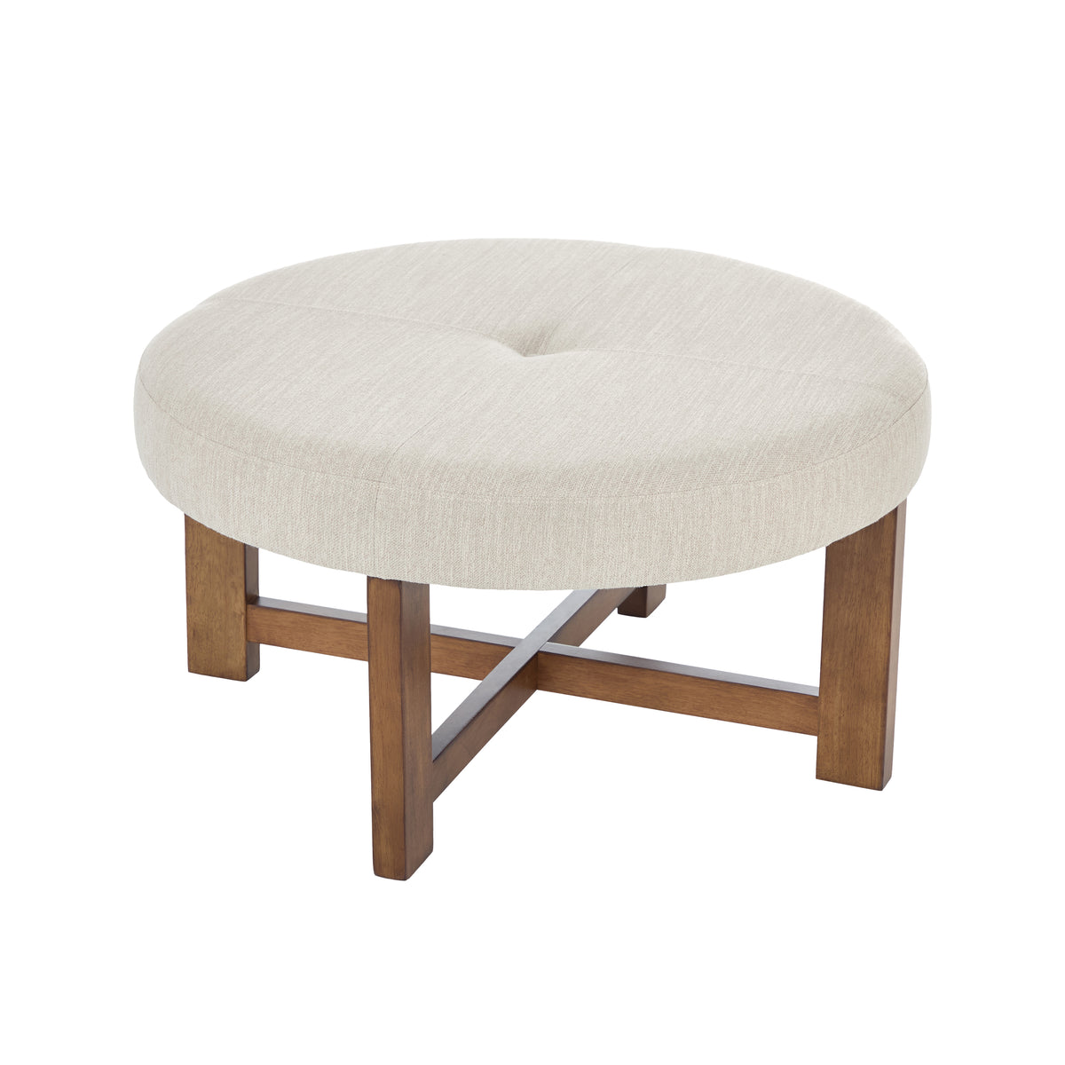 Beige Fabric Round Ottoman with Solid Wood Cross Base