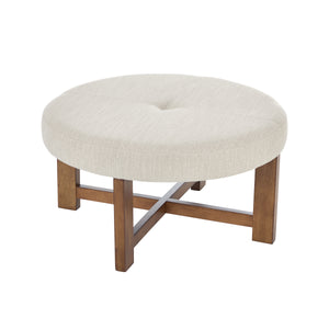 Beige Fabric Round Ottoman with Solid Wood Cross Base