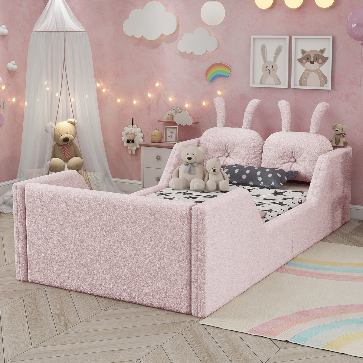 Twin Size Upholstered Platform Bed with Rabbit Cushion – Pink