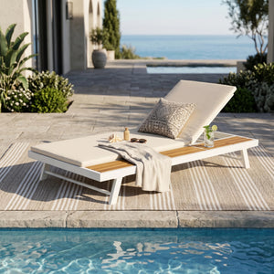 White Iron + Teak Finish Outdoor Chaise Lounge Set