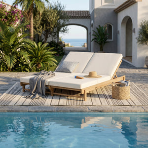 Light Teak Acacia Wood Double Chaise Lounger Set