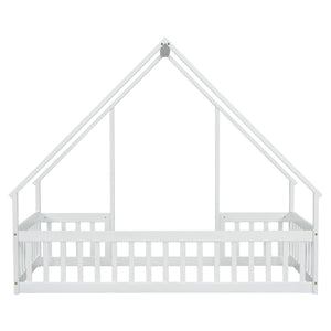 Wood House-Shaped Floor Bed With Fence, Guardrails