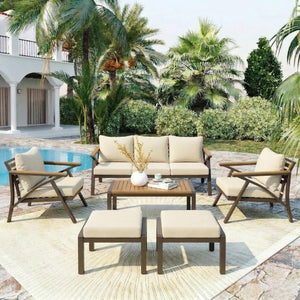 6-Piece Outdoor Patio Furniture Set with Steel Frame Sofa & Acacia Wood Table