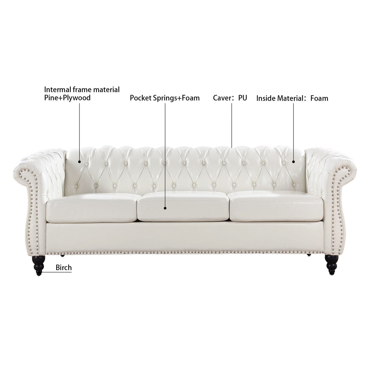 Rolled Arm Chesterfield 3 Seater Sofa