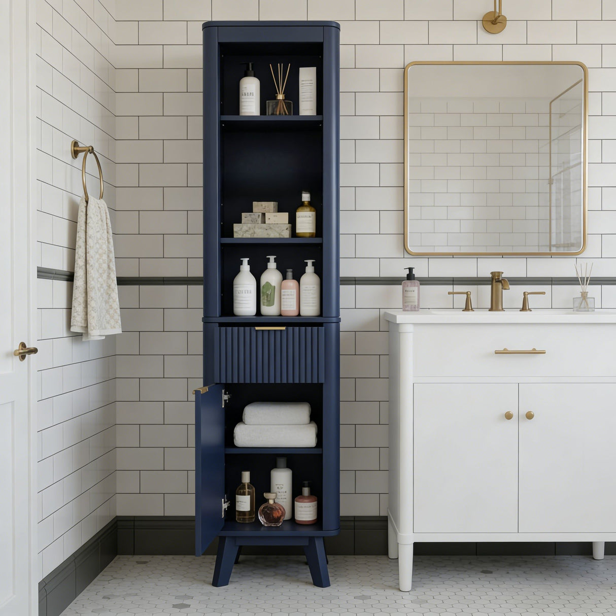 Tall Bathroom Storage Cabinet With Adjustable Shelves And 1 Drawer & Door