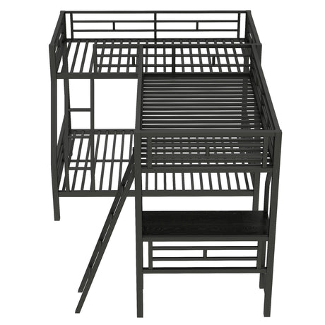 Twin Over Full Bunk Bed With Loft And Desk, L-Shaped Design For 3 Sleepers - Black
