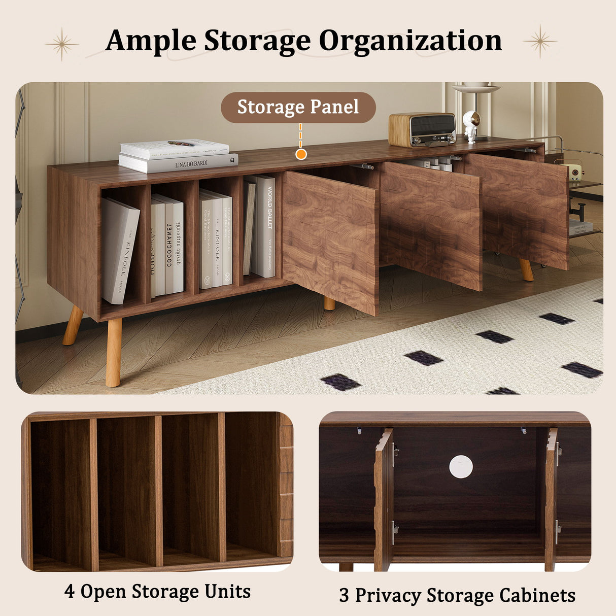 TV Stand, Cabinet For Living Room, Fits TVs Up To 80" - Walnut