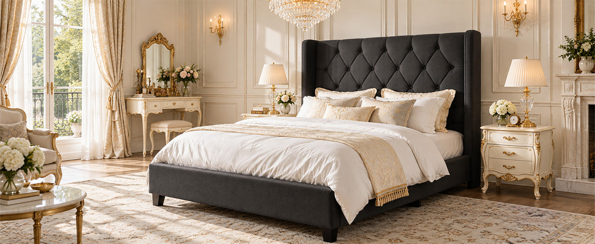 Modern Queen Size Platform Bed Frame with Tufted Velvet Headboard