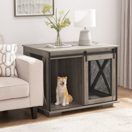 Farmhouse-Dog-Cage-Crate-Furniture-with-Sliding-Barn-Door-Pet-Supplies