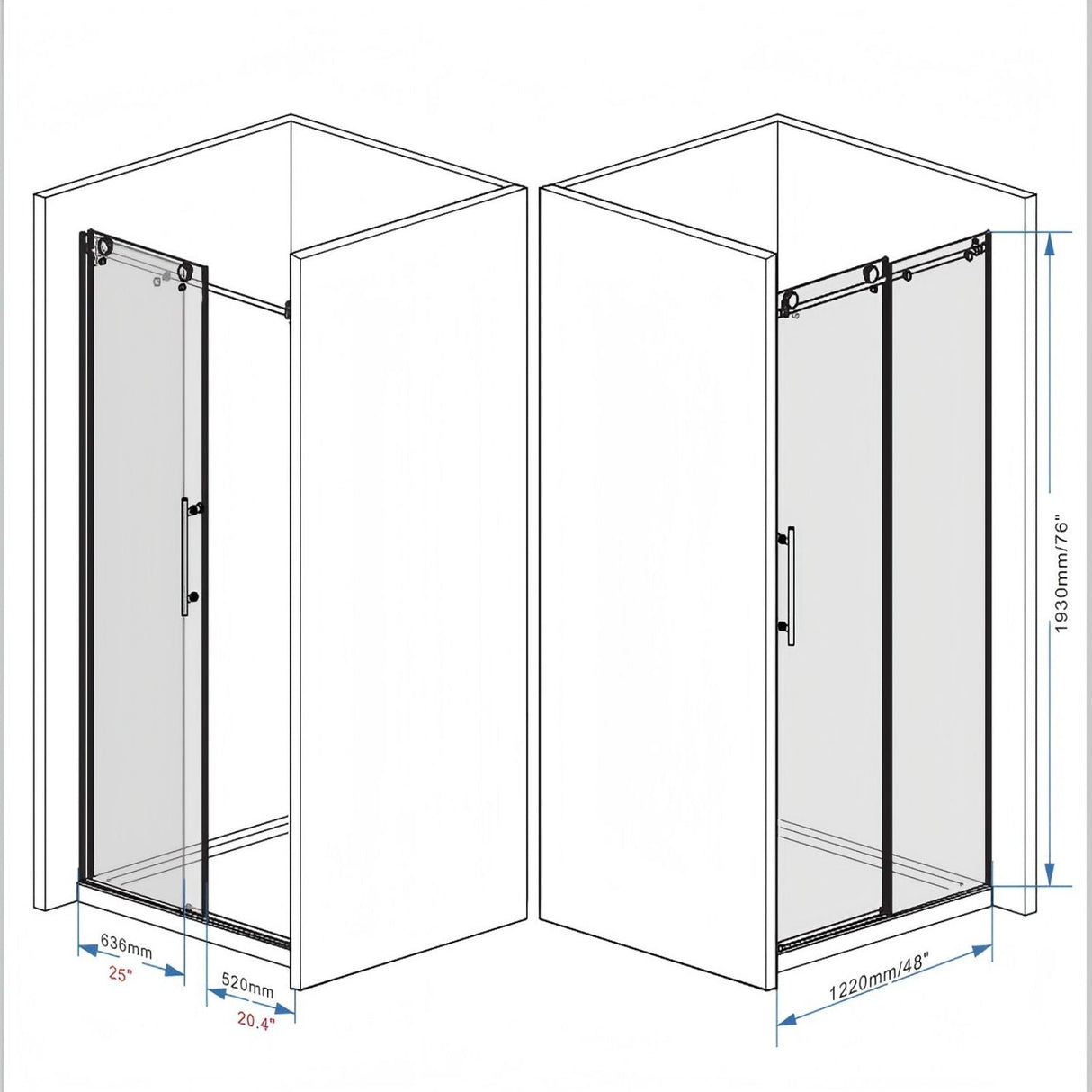 Frameless Shower Door, Smooth Sliding Tracks