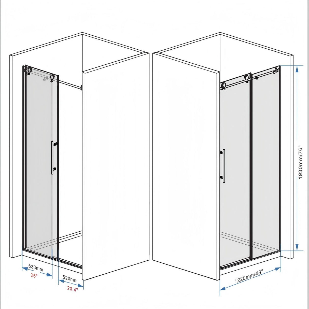 Frameless Shower Door, Smooth Sliding Tracks