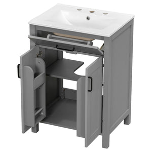 Bathroom Vanity With Ceramic Sink, Soft Close Doors, Flip Drawer, Double Layer Door Shelves