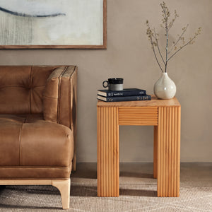 Natural Pine Wood Fluted Side Table with Elephant-Leg Design