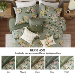 7-Piece King Vin Floral Comforter Set, Green, Reversible