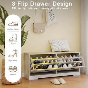 Shoe Storage Bench with 2 Flip Drawers and Adjustable Shelf - Antique