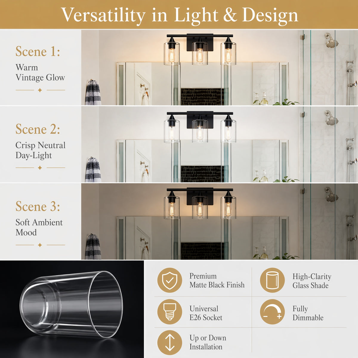 3-Light Matte Bathroom Vanity Wall Light
