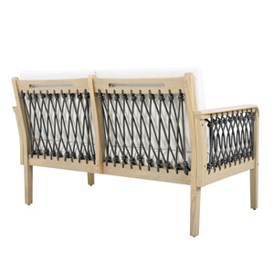 Outdoor Acacia Wood Loveseat & Coffee Table Set with Handwoven Rope, Light Teak