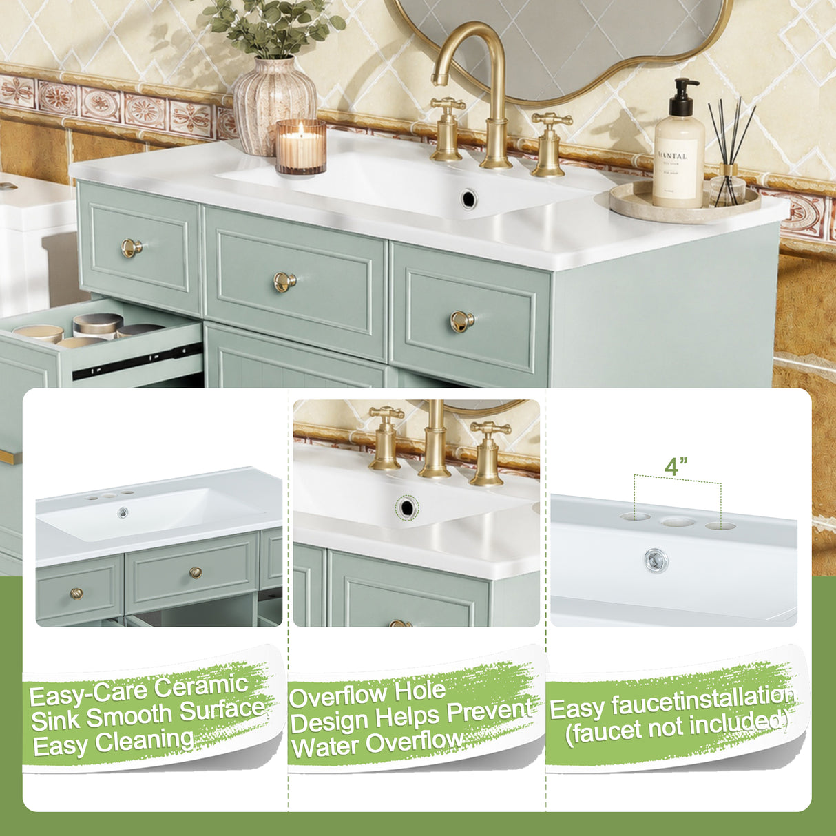 36" Green Bathroom Vanity with Ceramic Sink